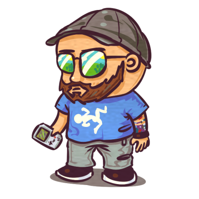 A chibi style drawing of Matt Hackett wearing a hat, aviators, a blue QWOP shirt, and holding a classic Game Boy.