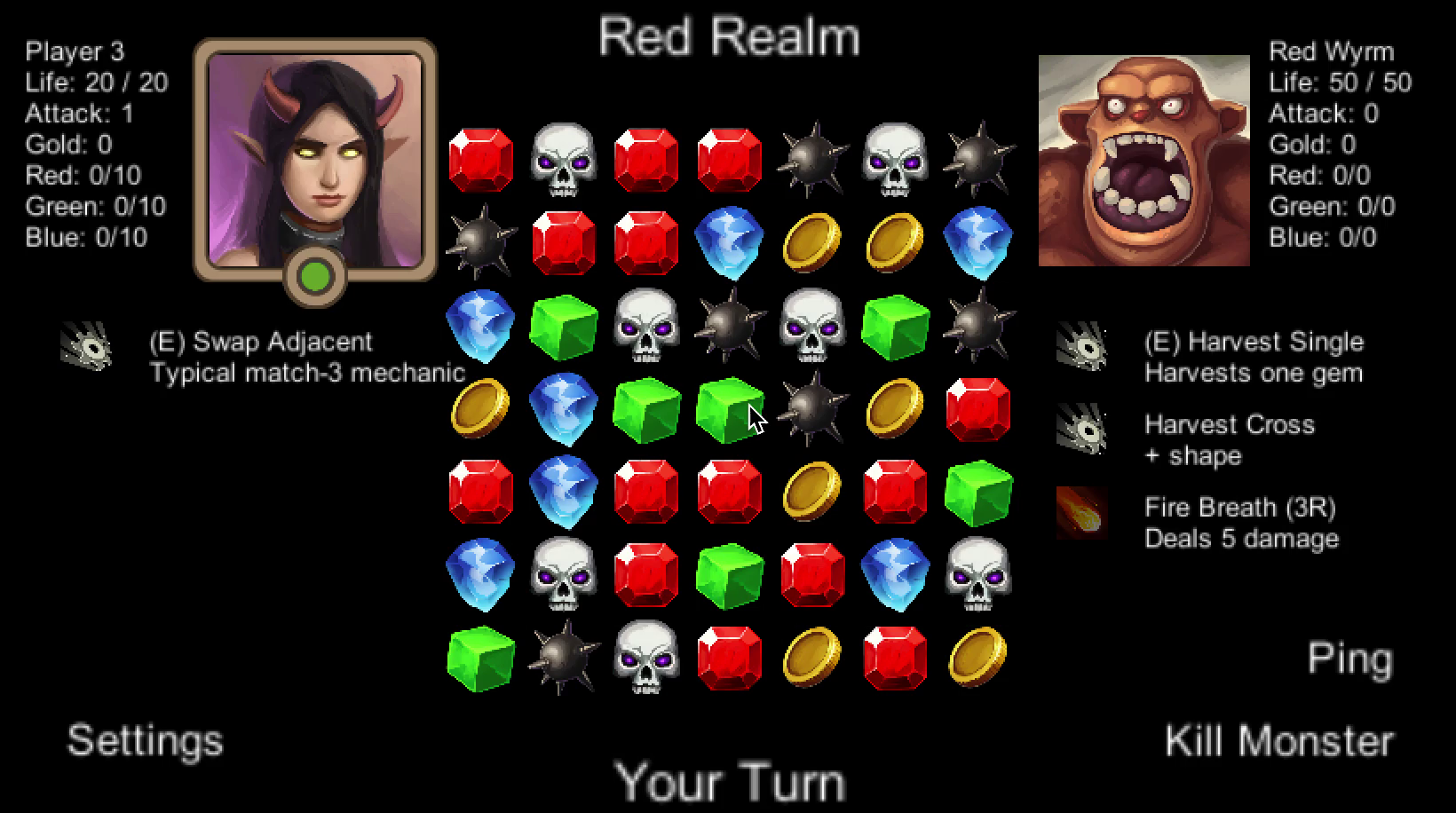 A combat-based puzzle game. A demonic woman is on the left, and a menacing ogre on the right. The header says "Red Realm" and the footer says "Your Turn". In the center is a 7x7 grid of gems including red, blue, green, skulls, and spikes.