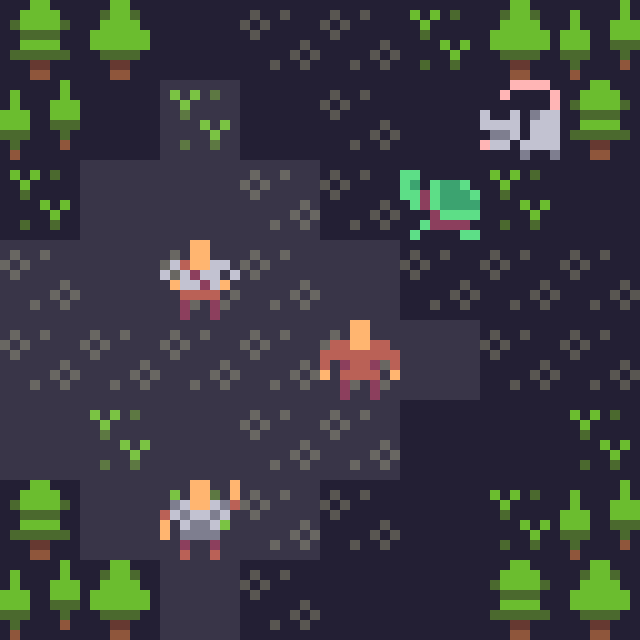 A tiny, colorful screen at just 64x64 pixels shows a few warriors being attacked by a mouse and turtle in the woods.