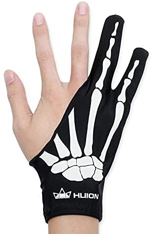 A black drawing glove that covers only the ring and pinky fingers. The outside displays white bones.