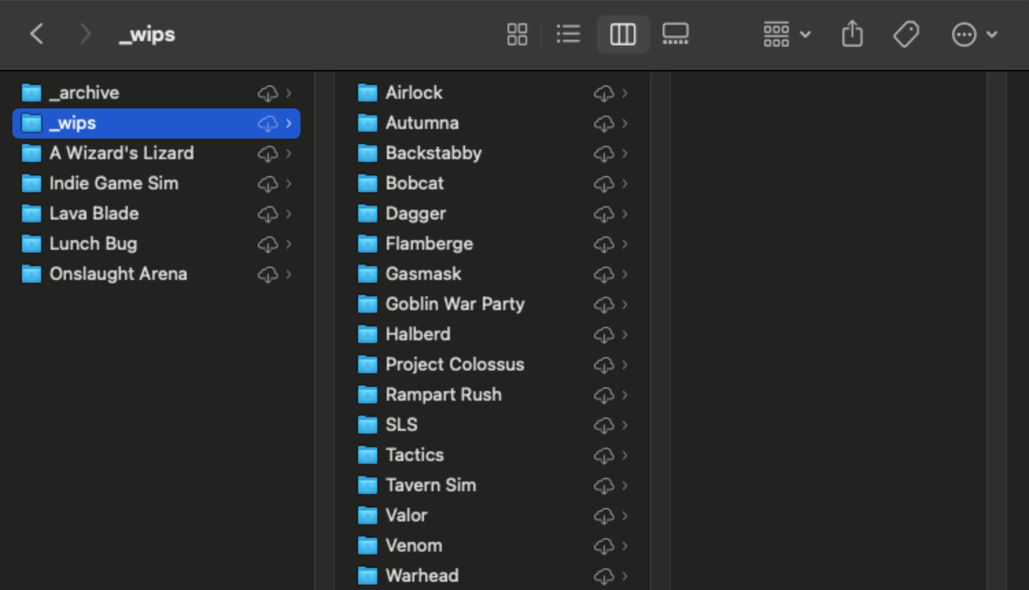 The OS X app Finder displaying a _wips folder that contains unfinished games.