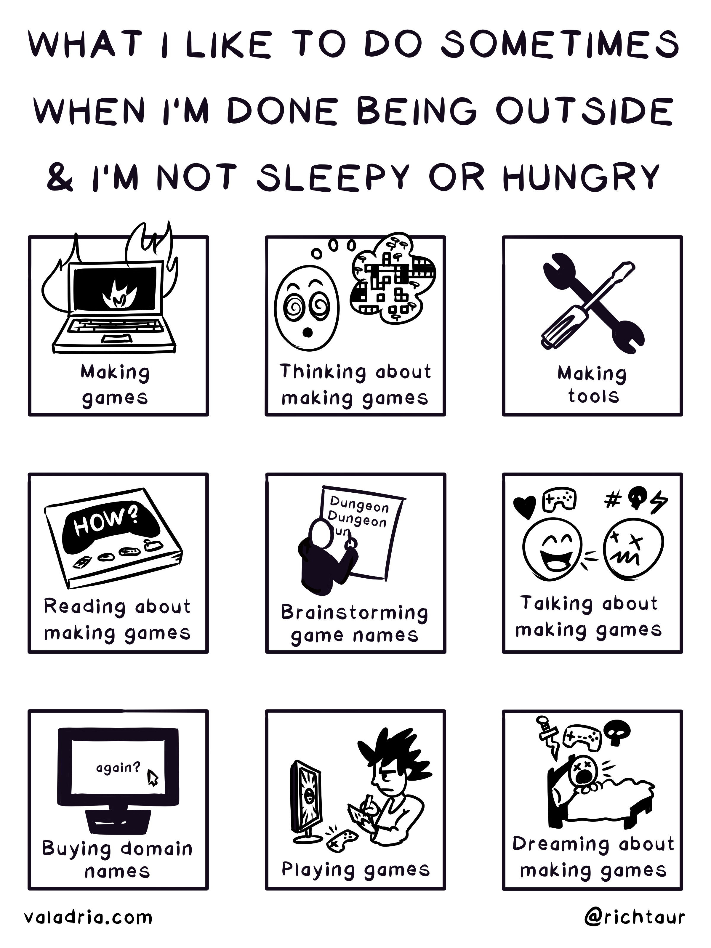 What I like to do sometimes when I'm doing being outside and I'm not sleepy or hungry: Making games, Thinking about making games, Making tools, Reading about making games, Brainstorm game names, Talking about making games, Buying domain names, Playing games, Dreaming about making games. valadria.com @richtaur 