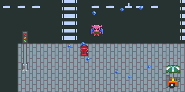 A pixelated city with an evil imp overlooking a fire hydrant spitting water particles.