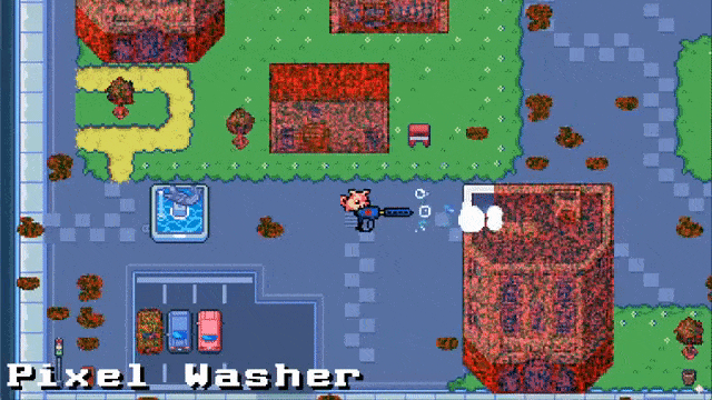 Pixel Washer in action: a piggy shooting a power washing gun at a grimy red building.