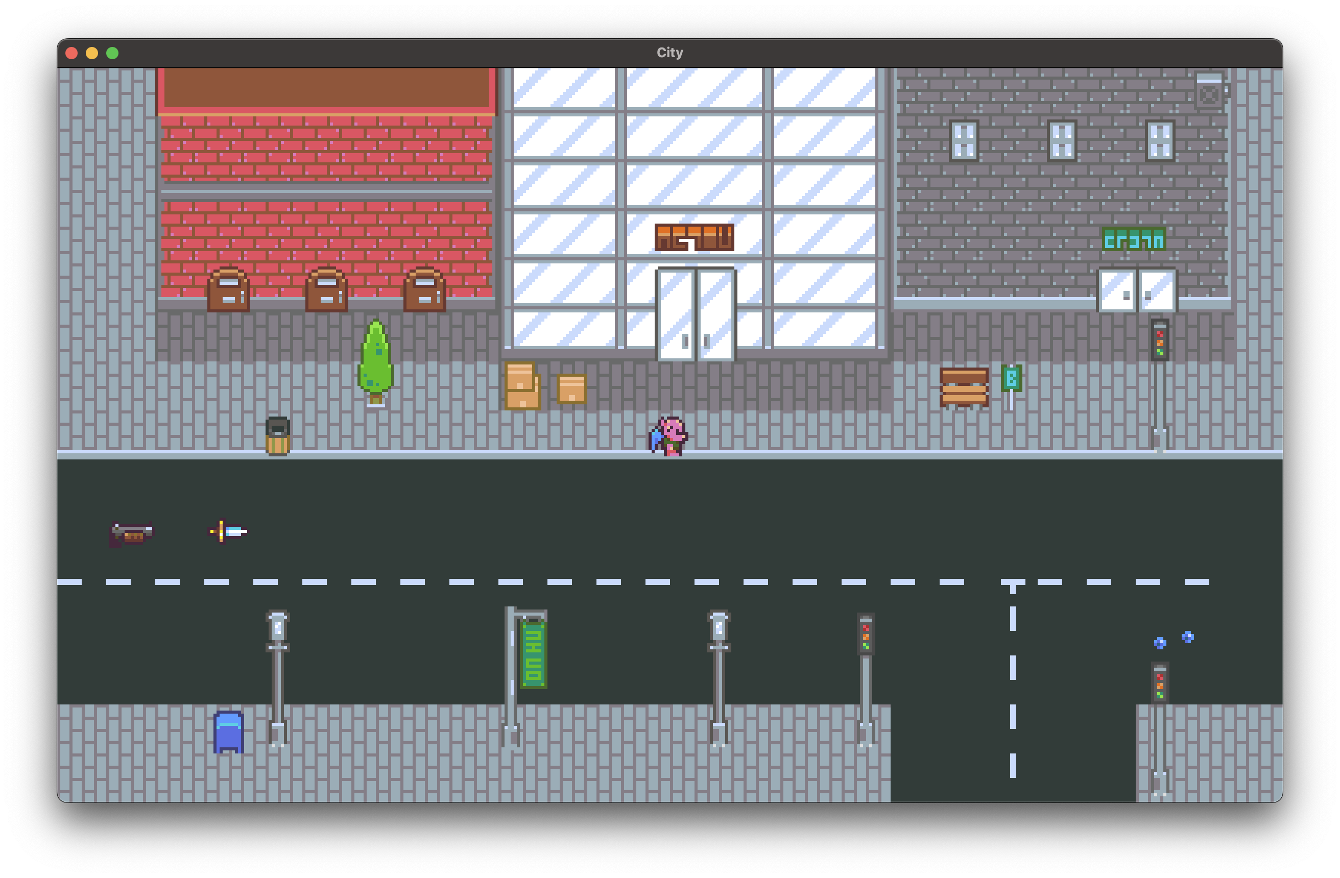 A City screenshot: an evil imp in front of a large building and a street.