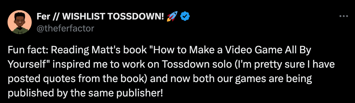 Tweet from Fer about how my book was inspirational, so nice!