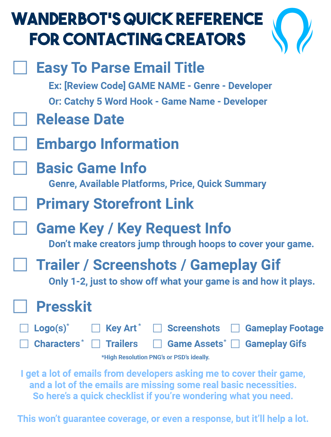 A "handy little quick reference sheet for any & all game developers contacting content creators for coverage" by Wanderbot (wanderbot.carrd.co)