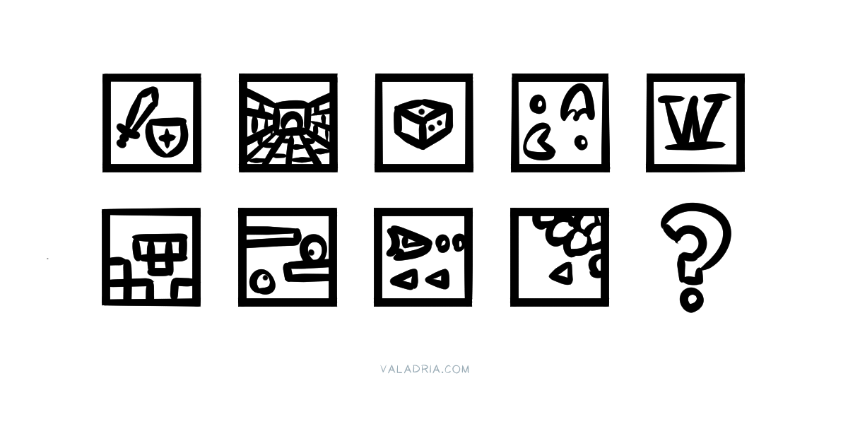 A drawing of 10 squares representing different game concepts ... the 10th is a question mark.