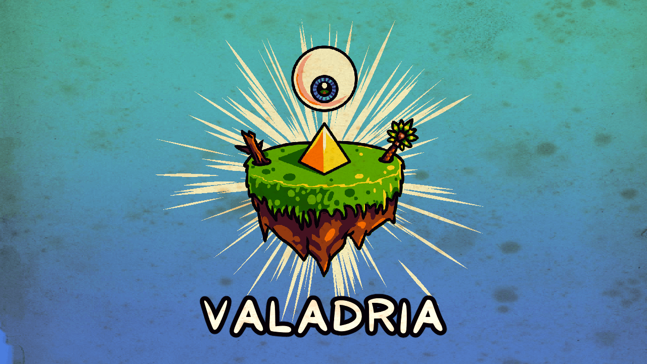 The Valadria logo - an eye overlooking a golden pyramid on a floating island.